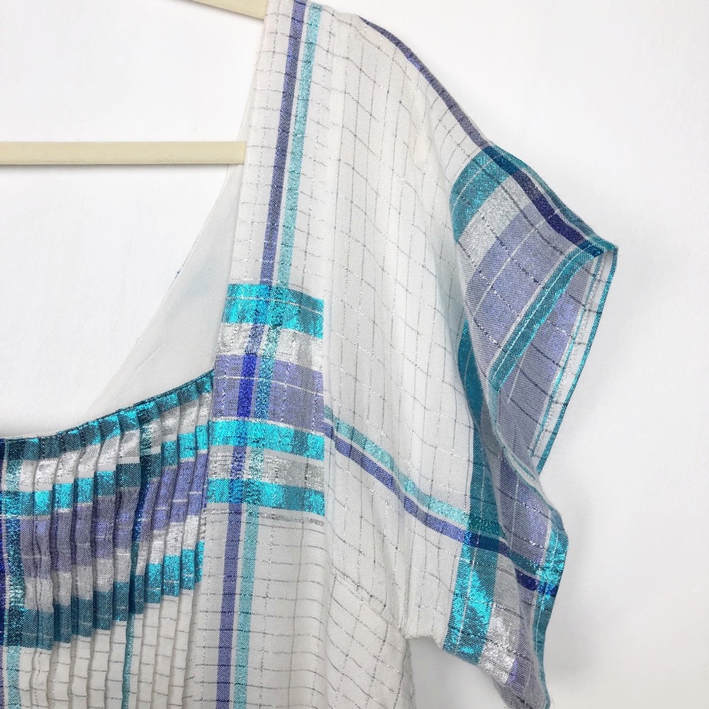 Free People Mini Dress White Blue Metallic Plaid S - Picture 4 of 13